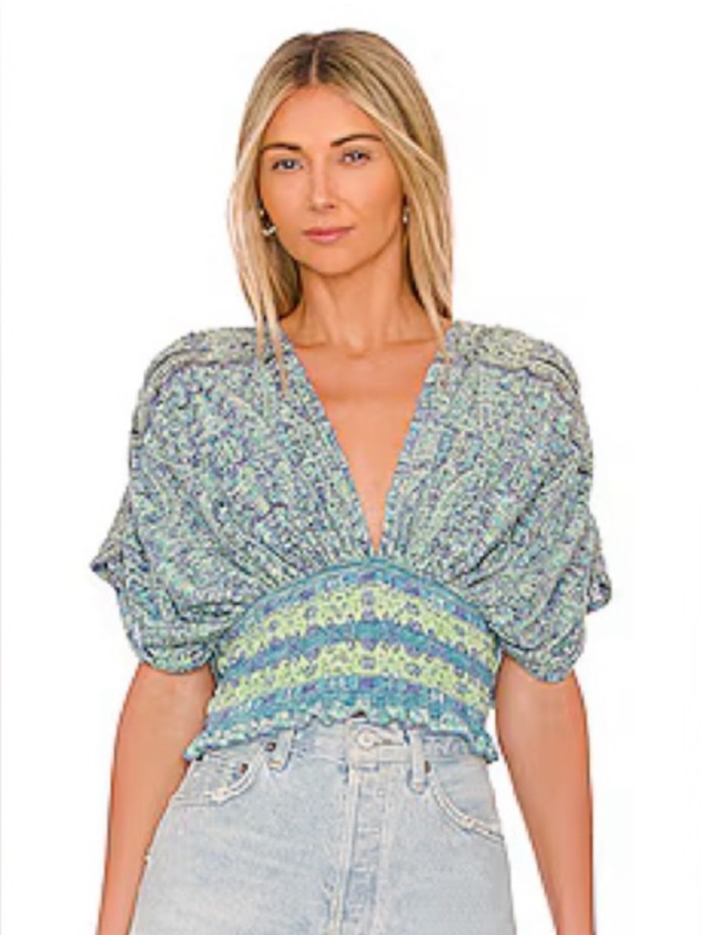 Free People Teal and Aqua V-Neck Smocked Crop Top